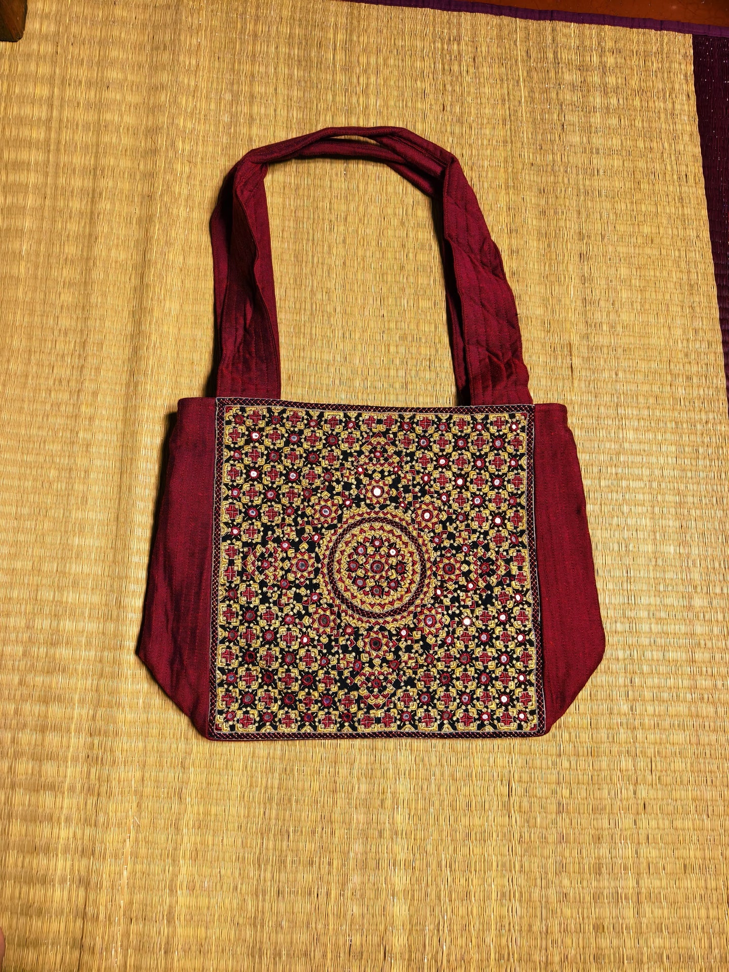 Maroon & Black Kutch Hand-Embroidered Mirror Work Pure Silk Hand Bags